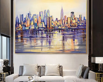 Large New York City Skyline Abstract Painting on Canvas, Modern NYC Wall Art Original
