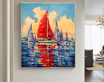 Large Abstract Sailboat Painting Red Sailboat Art Abstract Ocean Art Sailing Boat Art Nautical Painting Abstract Red Sailboat Painting Gift