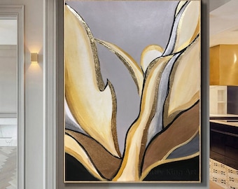 Large Beige and Gray Abstract Painting Gold Leaf Modern Artwork, Living Room Wall Decor