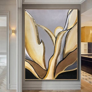 Grande peinture beige originale abstraite à la feuille d'or, peinture abstraite art déco murale tendance à la feuille d'or sur toile, décoration d'intérieur de luxe de salon