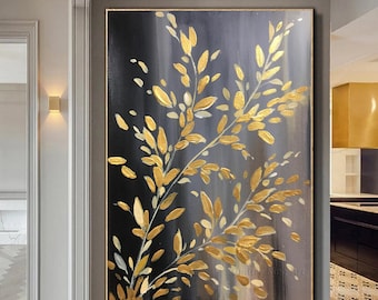 Large Gold Leaf Art Textured Painting, Luxury Gray Abstract Art Modern Wall Decor for Living Room