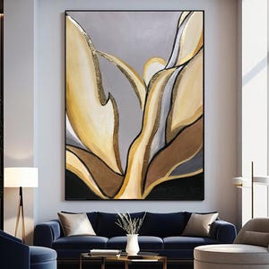 Grande peinture abstraite dorée, peinture abstraite beige, peinture abstraite minimaliste originale, décoration murale beige doré, art mural toile texture