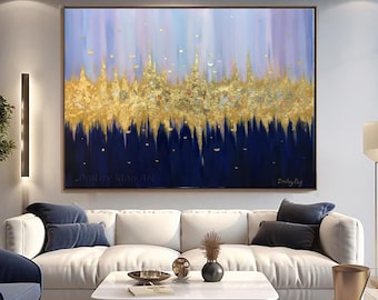 青と金箔の抽象的なテクスチャ絵画モダンな壁アートダークブルーの抽象