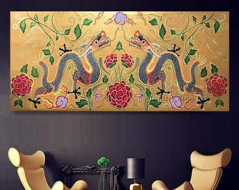 Large Dragons Art, Gold Dragon wall art, Chinese dragon print, Dragon art print, Dragon art print, Dragon wall decor Chinese wall art