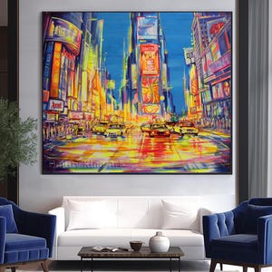 Times Square Abstract Original Art, NYC Yellow Cab Original Painting on Canvas, New York City Cityscape Night Street Scene Abstract Painting