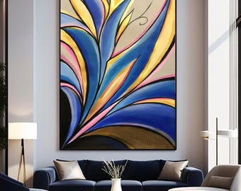 Large Abstract Navy Blue and Gray Painting on Canvas Original Gold Art Textured Wall Art Living Room