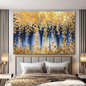 Large Blue Gold Handmade Abstract Art, Blue And Gold Leaf Painting on Canvas Modern Blue Wall Decor For Living Room Abstract Gold Canvas Art