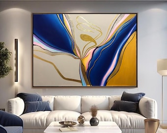 Large Blue Gray Abstract Painting, Gold Leaf Abstract Art Modern Canvas Wall Decor Luxury