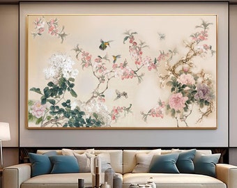 Large Sakura Floral Painting: Japanese Birds & Flowers Acrylic Art