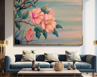 Pintura original de grandes flores rosas, arte floral acuático, decoración moderna de pared con motivos florales azules