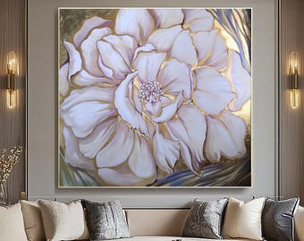 Large White Flower Wall Art, Acrylic Floral art, Abstract Floral Painting, Gold leaf painting, Textured painting, Luxurious art, Home Decor