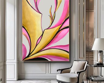 Große rosa graue abstrakte organische Malerei Blattgold Kunst strukturierte Leinwand Wandkunst, modernes Wohnzimmerdekor