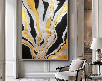 Modern Gold Leaf Abstract Painting: Gold Black Art on Canvas Textured Artwork