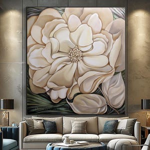 大きな白い花の壁アート、アクリル花アート、抽象的な花の絵画、金箔の
