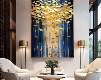 Extra Large Blue And Gold Abstract Painting, Gold Leaf Canvas Textured wall art