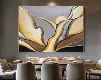 Large Beige Gold Abstract Painting Gold Leaf Canvas Acrylic Luxury Living Room Wall Art