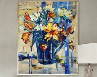 Abstract flower painting, Blue and beige abstract painting Large Floral art, Floral canvas art, Modern abstract Flowers, Abstract art print