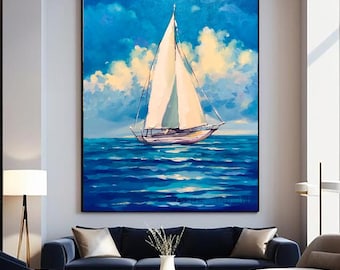 Large Abstract Sailboat Painting White Sailing Boat Art Abstract Ocean Blue Canvas Decor