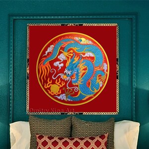 Chinese Dragon wall art, Dragon Dance canvas art, Dragon wall decor, Blue Dragon canvas art, Original Dragon canvas painting in circle