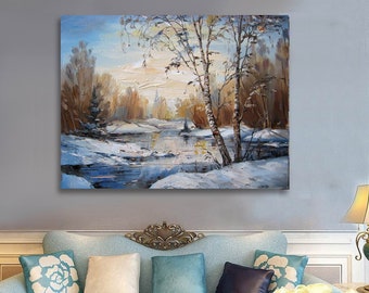 Gran pintura de paisaje de invierno, pintura de paisaje de nieve, arte del bosque de nieve, pintura al óleo de invierno, arte de nieve de invierno, arte del lienzo del bosque de invierno