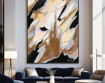 Large Beige Abstract Painting: Black Brown Minimalist Wall Art