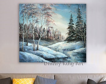 Pintura original del paisaje de invierno, arte del lienzo de la naturaleza del invierno, arte acogedor de la nieve del invierno, impresión del arte del bosque del paisaje de la nieve azul blanco lienzo grande
