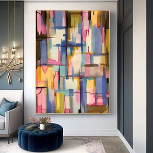 Large Abstract Painting Colorful Painting on Canvas Pink Painting Blue Painting Bright Wall Art Statement Wall Art Sitting Room