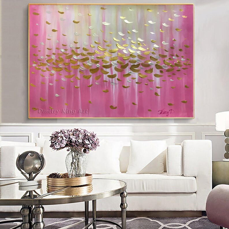 Modern Pink Gold Abstract Oil Painting Gold Leaf Canvas Painting Large
