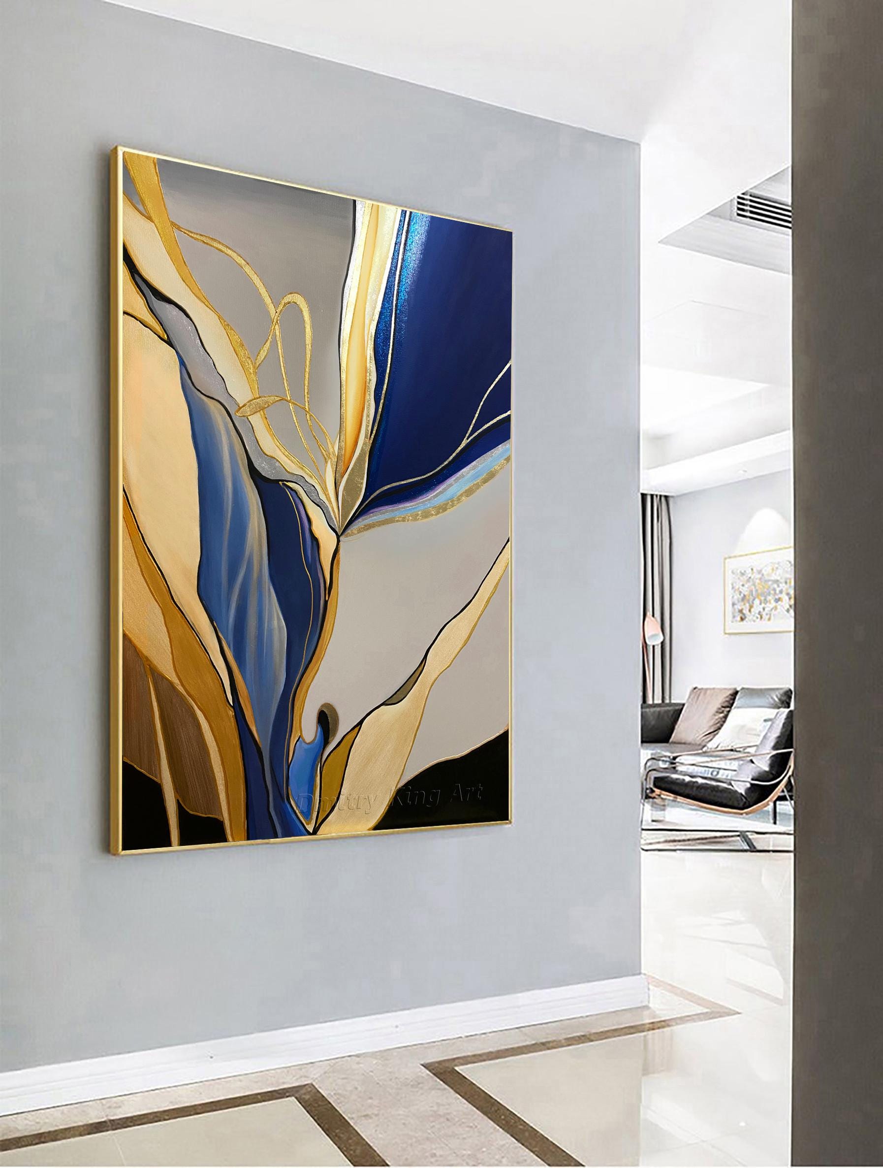 Large Abstract Gold Leaf Painting Blue Gray Abstract Art Canvas Modern ...