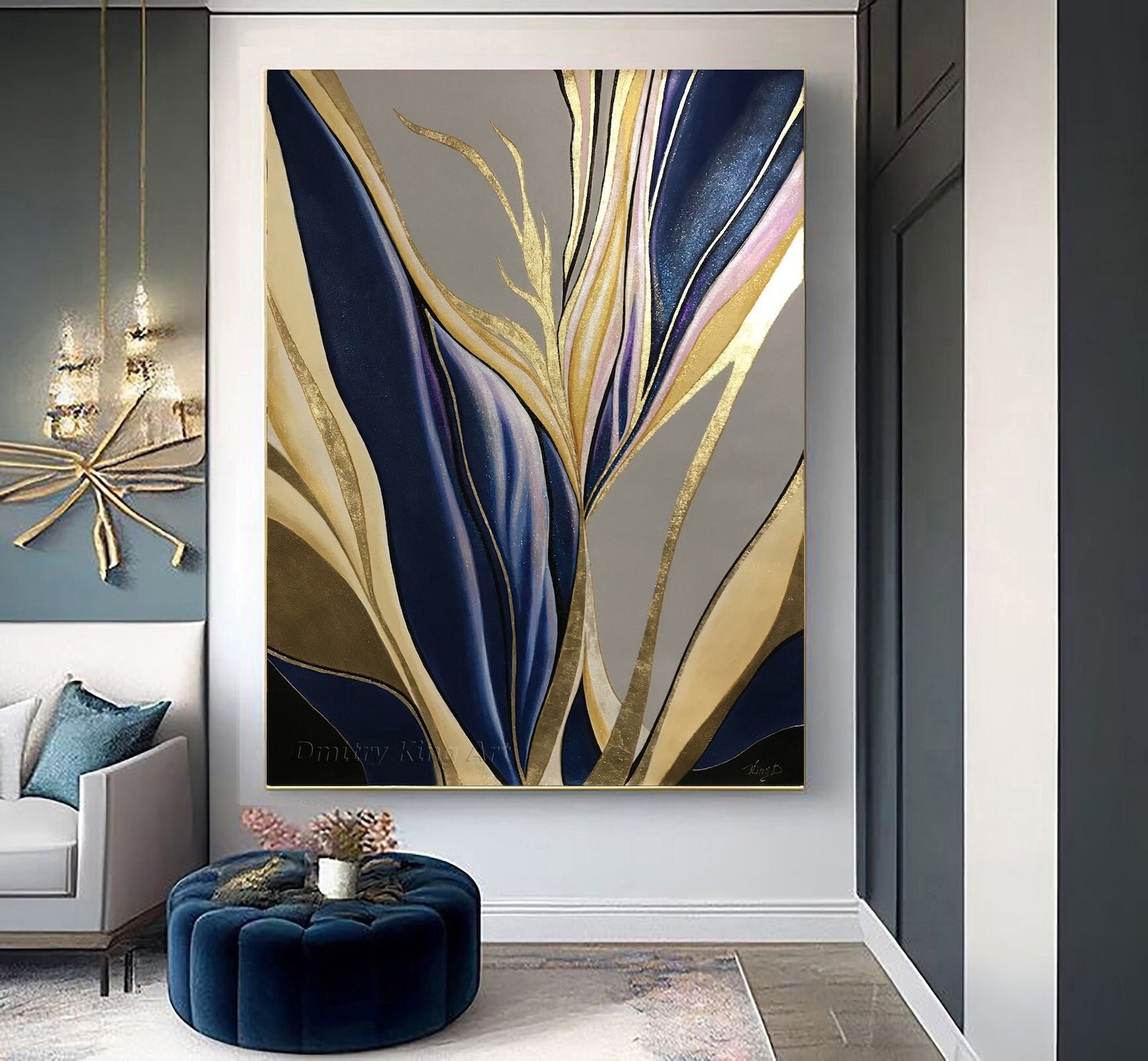 Large Gold Leaf Painting, Original Blue Painting Gold Leaf Abstract Art ...