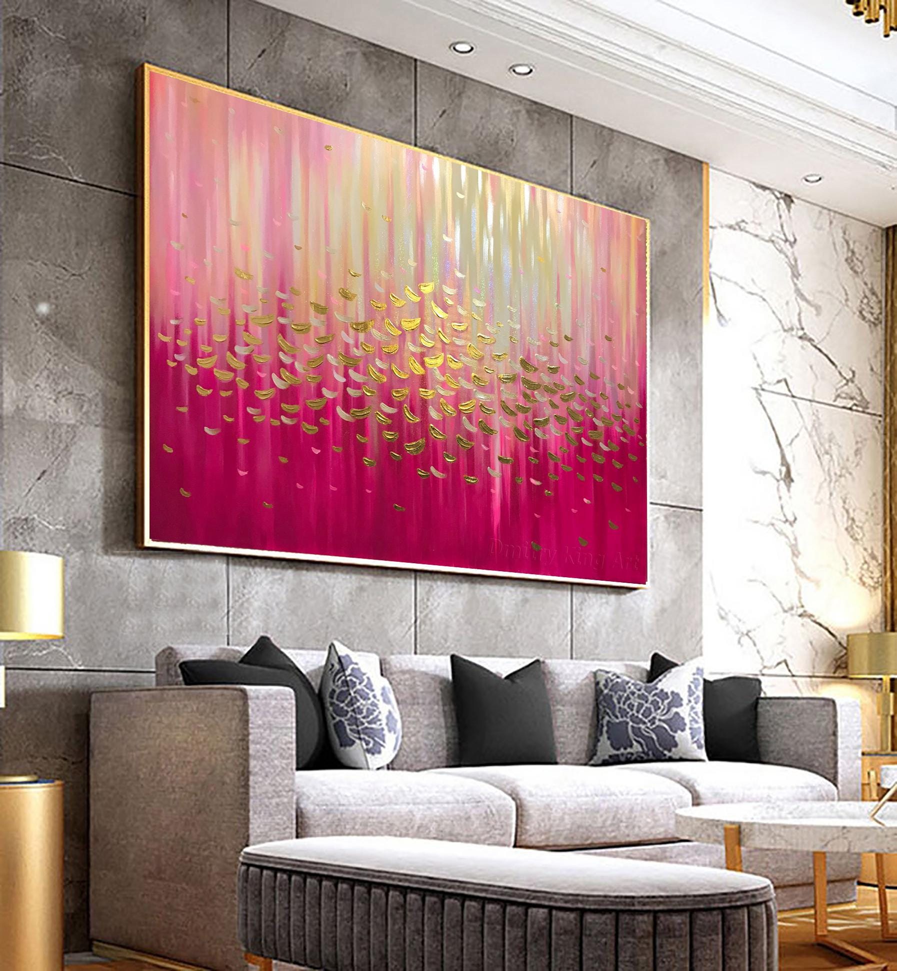 Modern Abstract Acrylic Painting Gold Leaf Canvas Painting Pink ...