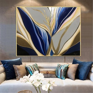 Grande peinture abstraite, peinture originale beige bleu, art abstrait, peinture abstraite minimaliste, peinture dorée, grande toile murale