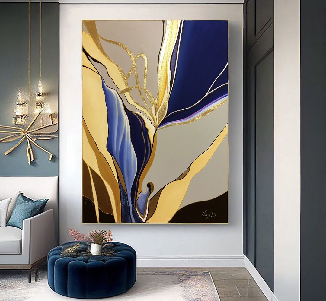 Abstract Gold Leaf Painting, Blue Gold Painting Abstract Art