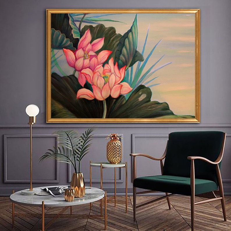 Large Lotus Flower Painting Large Flower Canvas Art Flower Etsy