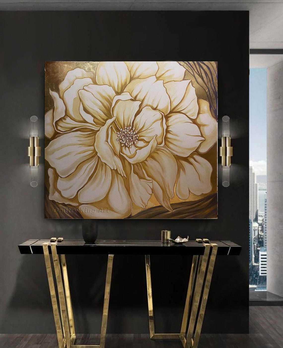 Large Gold Flower Wall Art Floral Painting Gold Leaf - Etsy