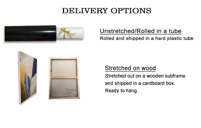 May include: A painting on canvas with blue, yellow, and white abstract shapes. The painting is shown in two ways: rolled up in a tube and stretched on a wooden frame. The text on the back of the stretched canvas reads "Blue and gold, a combination that always brings joy.  A loving memory of a beautiful day."