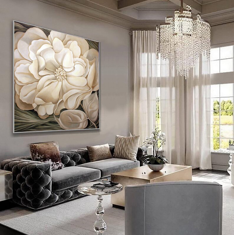 Large White Flower Wall Art Original Beige Flower Painting Etsy Australia