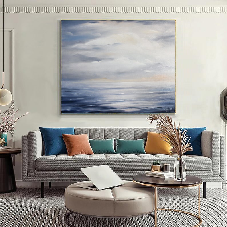 Large Ocean Abstract Painting, Blue Ocean Abstract Painting, Sea Wave Original Abstract Canvas Oil Painting, Sky Abstract Landscape Painting image 6