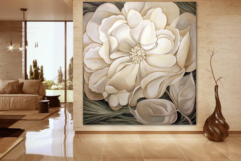 Large White Flower Wall Art Original Beige Flower Painting Etsy Australia