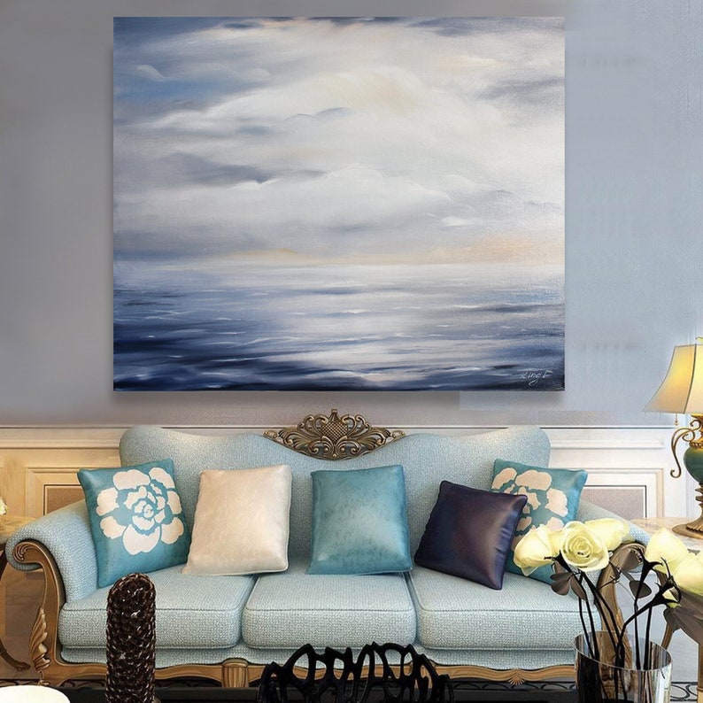 Large Ocean Abstract Painting, Blue Ocean Abstract Painting, Sea Wave Original Abstract Canvas Oil Painting, Sky Abstract Landscape Painting image 9