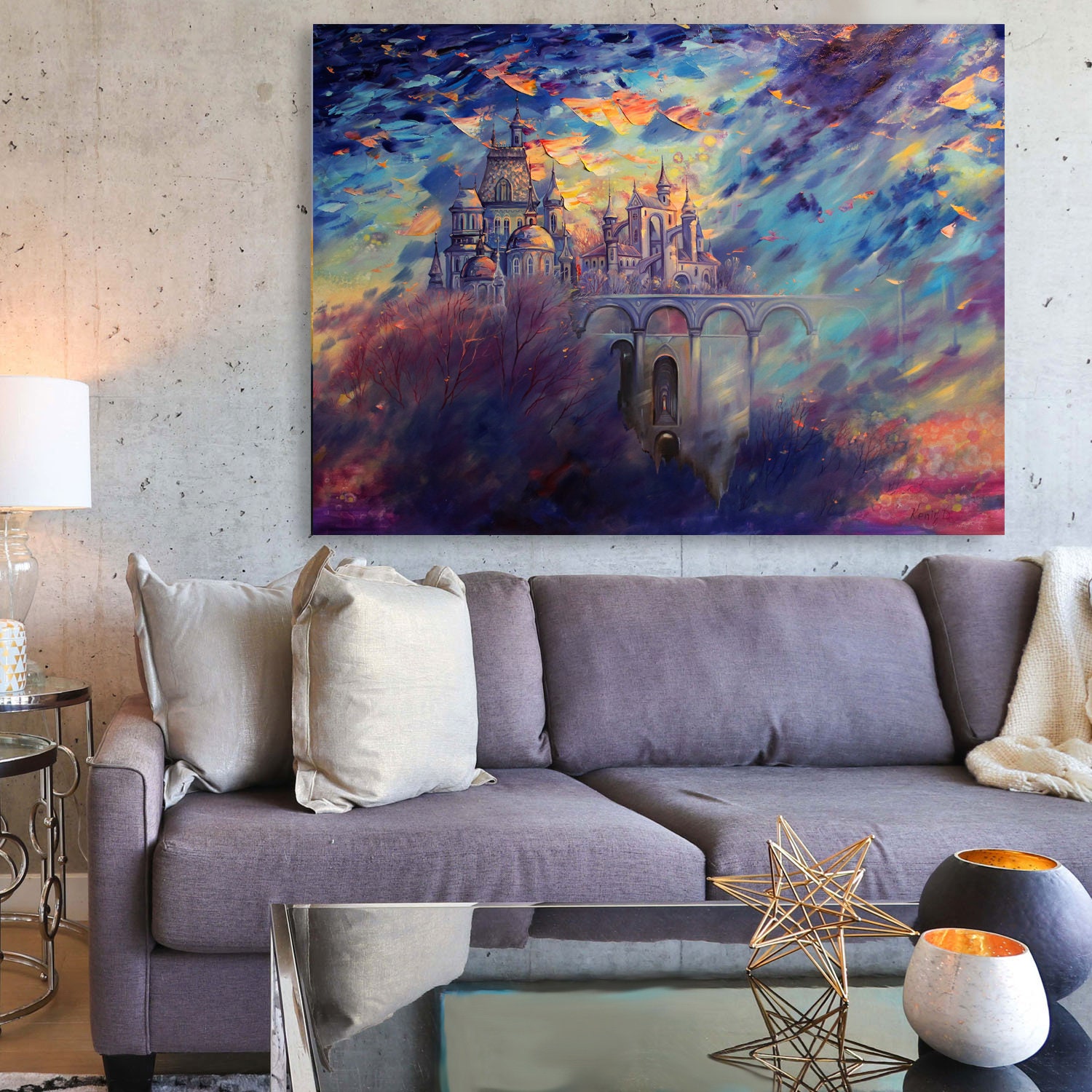 Textured Fantasy Landscape Painting: Surreal Fairytale Castle Wall Art ...