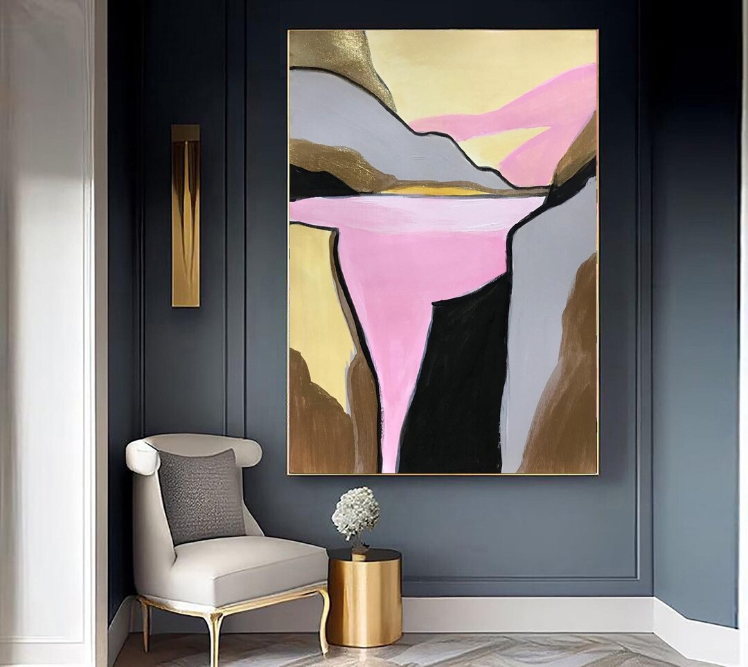 Large Pink Abstract Painting Gray Gold Modern Art Minimalist Landscape ...
