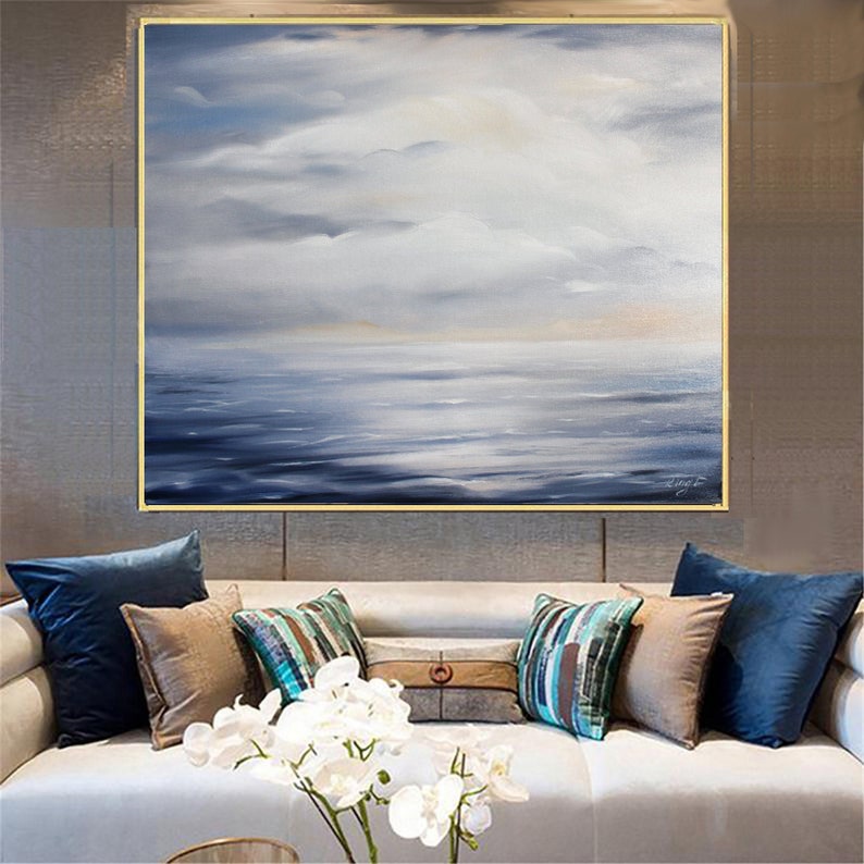 Large Ocean Abstract Painting, Blue Ocean Abstract Painting, Sea Wave Original Abstract Canvas Oil Painting, Sky Abstract Landscape Painting image 4