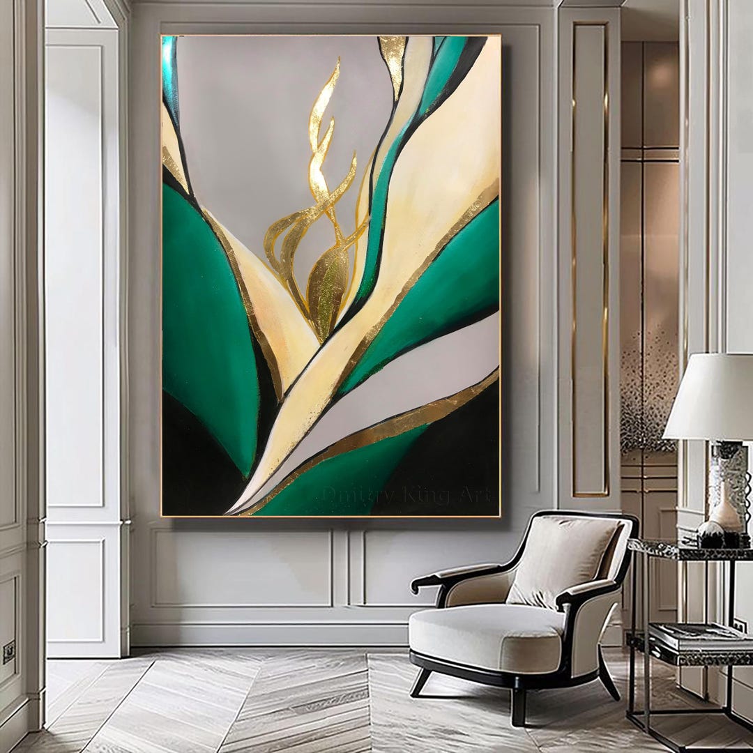 Large Abstract Painting Emerald Green Gold Modern Art Gold Leaf Wall ...