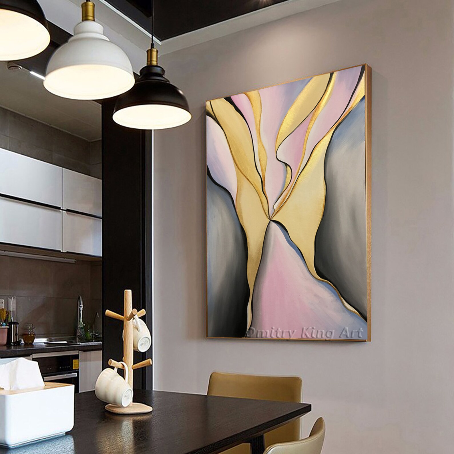Large Abstract Grey Pink Oil Painting on Canvas Gold Leaf Art Abstract