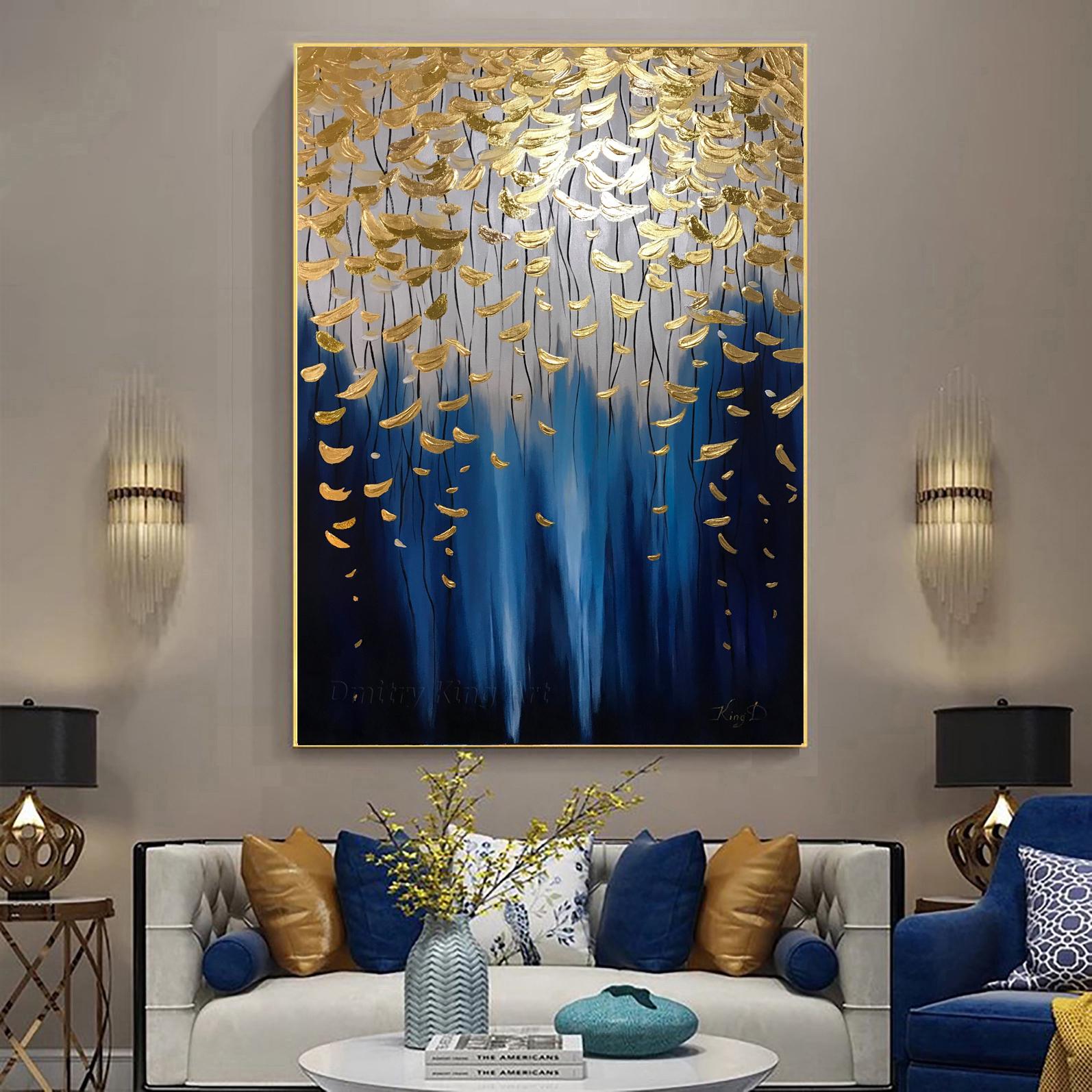 特大の絵画、青と金の抽象画、抽象画、金箔の絵画、特大の抽象画、壁