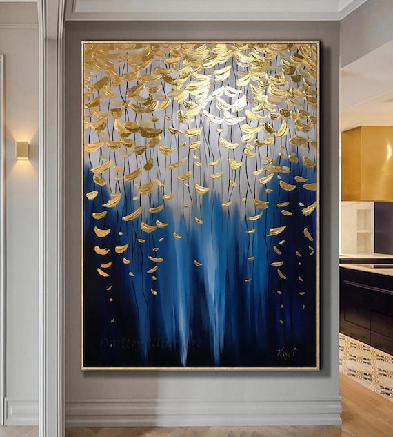 特大の絵画、青と金の抽象画、抽象画、金箔の絵画、特大の抽象画、壁