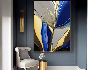 Abstract bladgoud schilderij, Art Deco Wall Art Blauw schilderij Abstracte kunst, goud en zilver schilderij op canvas woonkamer luxe Home Decor