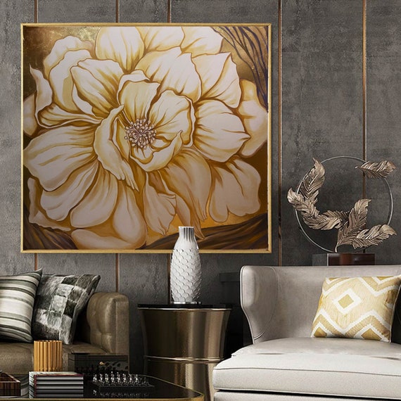 Large Gold Flower Wall Art Floral Painting Gold Leaf Etsy