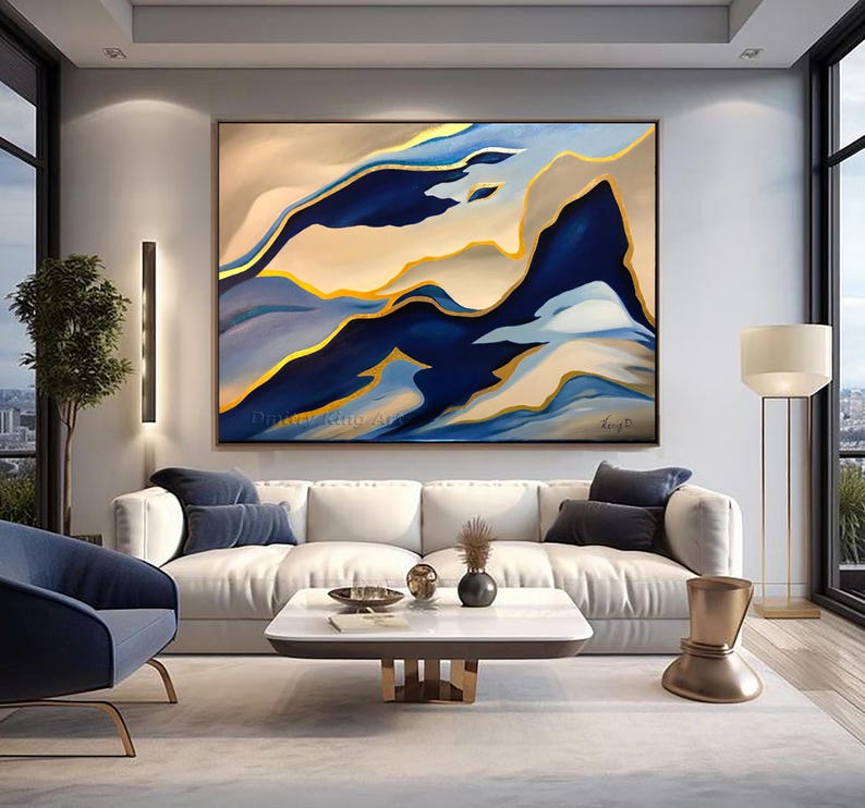 Large Abstract Blue Gold Painting, Original Navy Blue Painting Gray Art ...